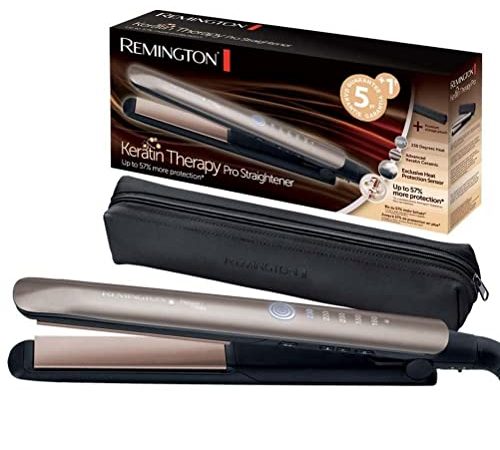 Remington Lisseur Cheveux, Fer à Lisser, Revêtement Advanced Ceramic Enrichi d'un Soin Kératine Haute Qualité et Huile d'Amande, 5 Températures (160 à 230°), Pochette Incluse - S8593 Keratin Therapy