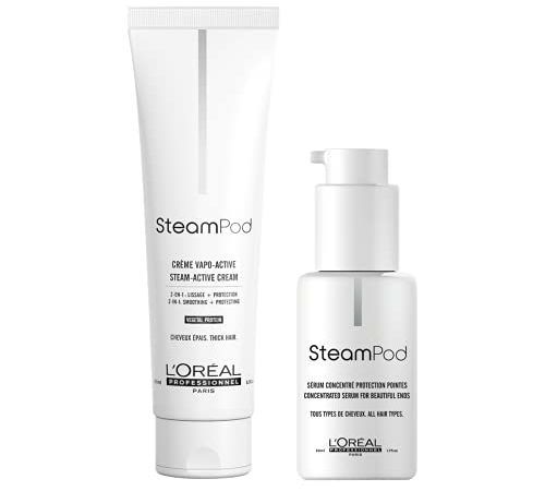 Steampod | Routine Soins Cheveux Épais | Crème de Lissage Vapo-Activée + Sérum Concentré Pointes | Double Action : Lissage et Protection | 50 ml + 150 ml | L'Oréal Professionnel