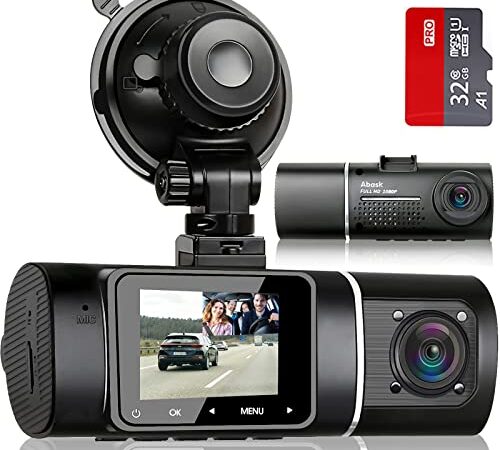 Abask Caméra de Voiture avec 32G Carte SD, 310° Grand Angle Full HD Double 1080P Dash Cam, Capteur G, Enregistrement en Boucle, HDR, Détection de Mouvement