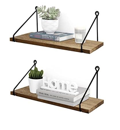 Afuly Etagere Murale Bois Noire Metal Salle de Bain Chambre Cuisine Rustique Moderne Design Domicile Decorer, Lot de 2