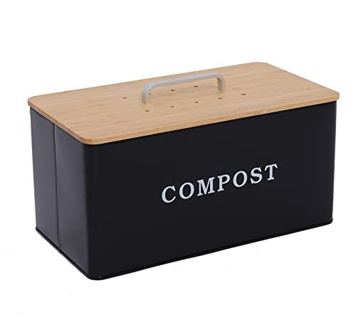 ayacatz Métal Composteur Cuisine ,Poubelle à Compost Cuisine avec Bois Couvercle et Remplaçable Filtre à Charbon, 7.5 litres, Rectangle Bac à Compost pour comptoir de Cuisine-Noir