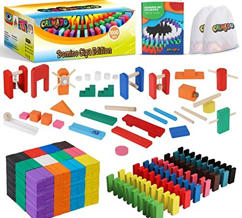 Calmado - 1000pcs Pierres Domino/Dominos en Bois Domino Party Edition XXL Ensemble + Sac + Livret + Accessoires