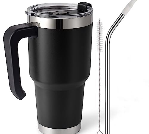 EQARD Mug Isotherme Cafe avec Paille Poignée Tasse de Voyage avec Couvercle étanche Gobelet en Acier Inoxydable avec Brosses Thermos Cafés pour Chaud ou Glacé Tous Sans BPA (30oz /850ML, Noir)