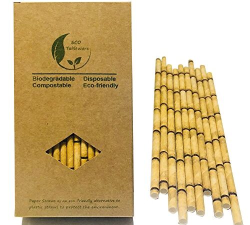 Lot de 100 Pailles en Papier Bambou Jaune pour Remplacer Pailles en Plastique, Paille Bambou écologique, Jetables 100% Biodégradables