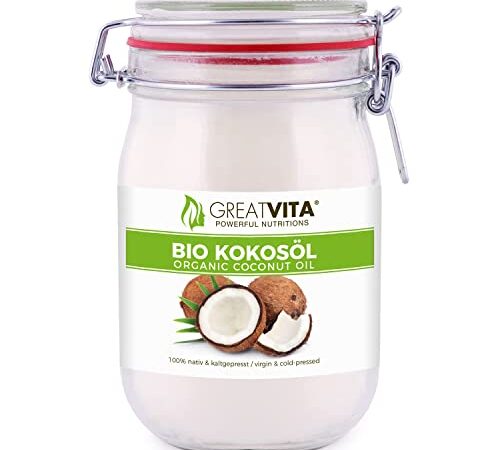 MeaVita Huile de Noix de Coco Biologique/Vierge/Pressée à Froid dans un Bocal à Repasser 1 L