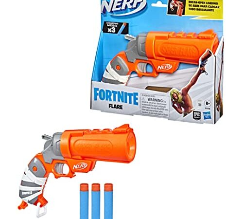 Nerf Fortnite, Blaster à fléchette Flare, s'ouvre pour Charger, inclut 3 fléchettes Mega AccuStrike Officielles, poignée d'amorçage Multicolore