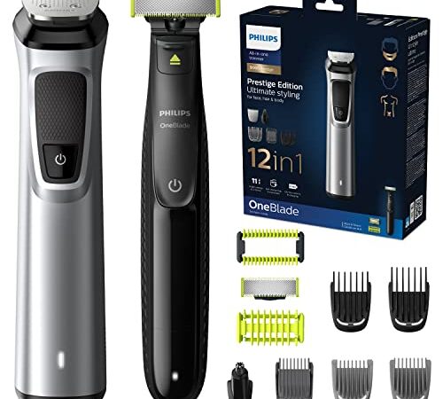 Philips Multigroom Série 9000, Tondeuse Multi-styles 12-en-1 avec OneBlade pour Visage, Cheveux et Corps avec Technologie DualCut (Modèle MG9710/90)