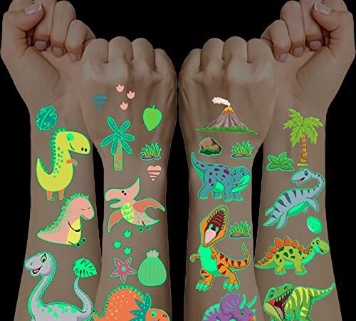 Tatouage Enfant Fille, 10 Feuilles Tatouage Fluorescent, Autocollant Dinosaure Lumineux pour Cadeau Jouet Pinata Dinosaure Anniversaire Garcon