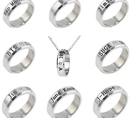 ZHENGGE Lot de 8 bagues Kpop BTS Bangtan Boys avec collier pour cadeau de l'armée, Acier inoxydable