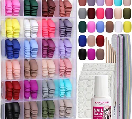 24 Couleurs 576 Pièces Faux Ongles, FANDAMEI Faux Ongles Acrylique pour Nail Art Artificiel Ongles, Colle à ongles, avec des Limes à Ongles, Court Rond Rectangle, Surface Mate