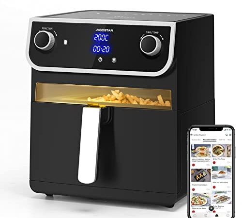 Aigostar Joy - Friteuse à air sans huile de 8 L, 1700W, 12 menus prédéfinis et grande fenêtre. Écran tactile, 12 préprogrammes, Utilisation dans panier ou tiroir, passe au lave-vaisselle, Sans BPA