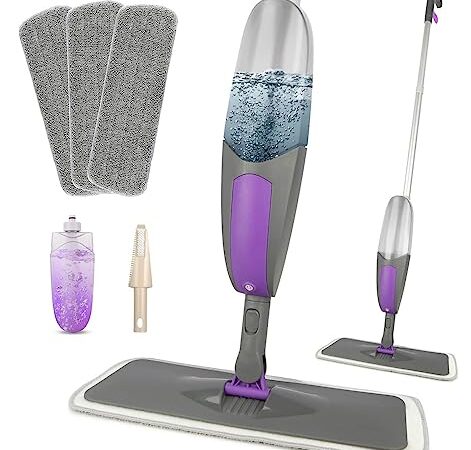 Balais Serpillère Balai Lave Sol avec Vaporisateur - HOMSIER Serpillere Microfibre Spray Mop avec 3 Tampons Réutilisables de Vadrouille Réservoir Eau 550ML Balais Nettoyer Sol pour Nettoyage des Sols