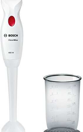 Bosch MSM14100 Mixeur Plongeant CleverMixx - Mixeur à main puissant 400 W - Pied mélangeur amovible avec QuattroBlade - Système anti-éclaboussures - Avec Accessoires - Blanc/Gris