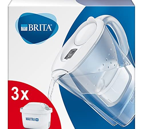 BRITA Carafe filtrante Marella blanche (2,4l), 3 filtres MAXTRA+ inclus, réduit le calcaire, le chlore et le plomb pour une eau du robinet plus pure – dans emballage Smart Box durable