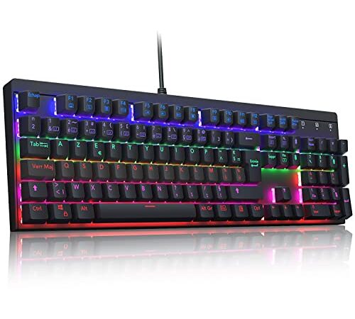 Clavier Mécanique de Jeu, Rétro-Éclairé LED 105 Touches, Switchs Bleues avec 6 Modes de Couleur de LED, 8 Effets D'éclairage Prédéfinis, Conception Durable, pour PC Gamers