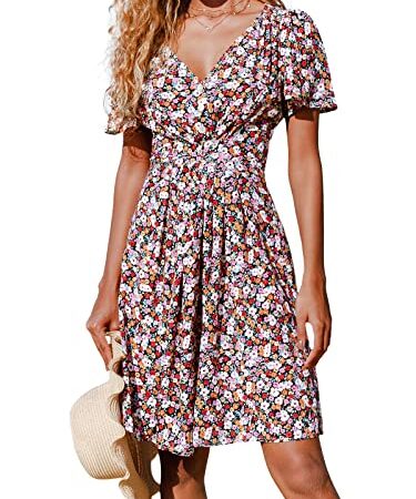 CUPSHE Robe Midi Femme Imprimé Floral Col V Évasé Manches Courtes Bouton Longueur Genou Multicolore XL