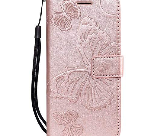 DENDICO Coque Galaxy A40, Papillon Imprimé PU en Cuir Coque Magnétique Portefeuille TPU Étui Housse pour Samsung Galaxy A40 - Or Rose