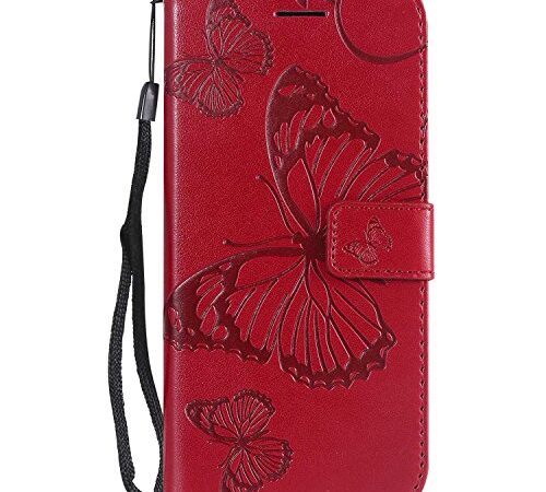 DENDICO Coque Galaxy J6 2018, Papillon Imprimé PU en Cuir Coque Magnétique Portefeuille TPU Étui Housse pour Samsung Galaxy J6 2018 - Rouge