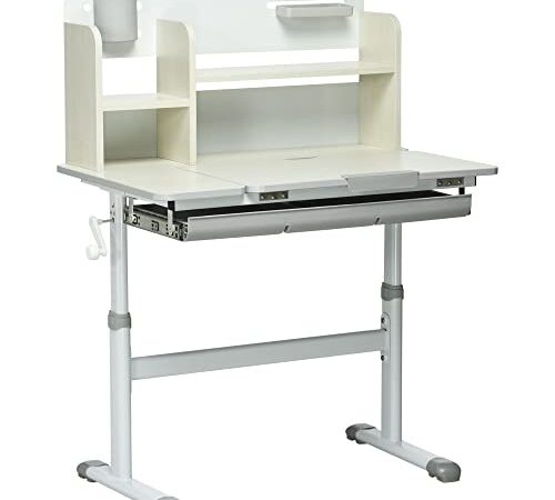 HOMCOM Bureau Enfant Multi-Rangement - Bureau Hauteur réglable, Plateau inclinable - 3 étagères, 2 niches, Pot Crayon, Tablette coulissante à Rangement - dim. 80L x 52l x 88-109H cm Gris Blanc