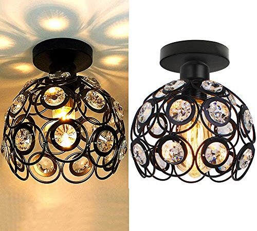 iDEGU Lot de 2 Plafonniers Modernes en Cristal et Métal, Industriel Luminaire E27 Suspension Lustre Abat-Jour Rétro Éclairage Décoration pour Chambre Entrée Couloir, 20cm (Noir)