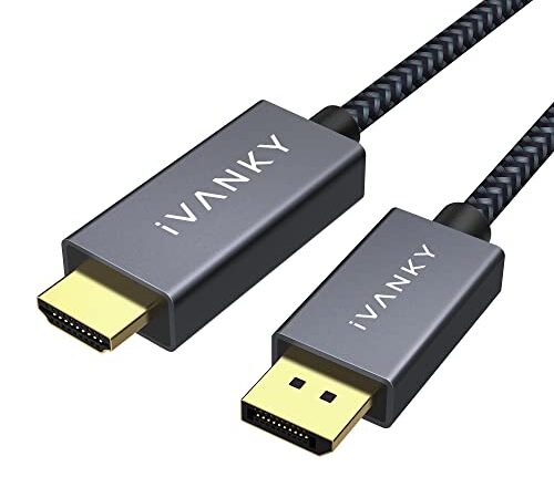 IVANKY Câble DisplayPort vers HDMI 2m en Nylon Tressé - Connecteurs Plaqués Or 24K - Câble DP vers HDMI (Audio&Vidéo) pour Ordinateur de Bureau, AMD, NVIDIA, HP Elitebook, ThinkPad et Autres - Gris