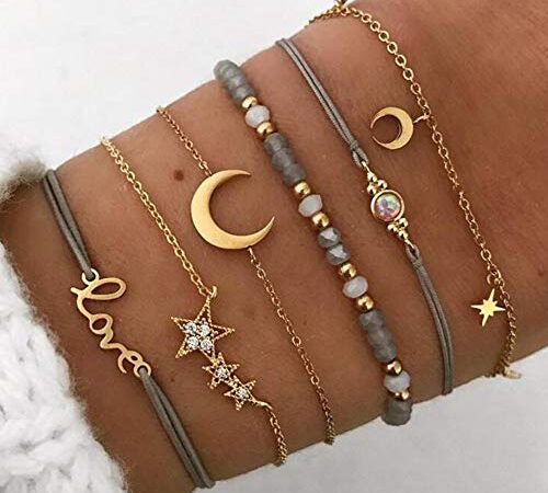 Jovono Bracelets Boho Étoiles et Lune superposés Ensembles de bracelets en perles d'or Strass Main Chaînes Amour Main Bijoux pour femmes et filles (6 pièces)