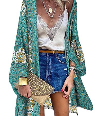 Kimono Plage Femme Été Cardigan de Plage Paréo Boho Bikini Cover Up Manches Longues Long Shawl Imprimé Floral Cache-Maillots et Sarongs Beachwear,Vert,M