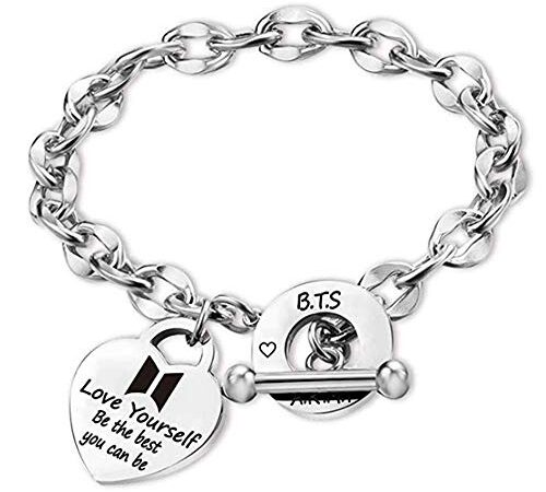 Kpop BTS Bangtan - Bracelet unisexe en acier inoxydable avec pendentif en forme de cœur - Bracelet Love Yourself - Bracelet ornement pour A.R.M.Y