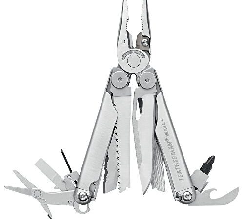 Leatherman Wave + - Pince multifonctions 18 outils avec coupe-fils remplaçables, ciseaux actionnés par ressort et bien plus encore ; fabriqué aux Etats-Unis, couleur gris acier