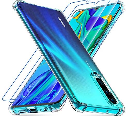 Losvick Coque Compatible avec Huawei P30, 2 Pack Film de Verre trempé, Silicone Clear TPU Etui Ultra Mince Bumper Protection Anti-Choc Anti-Rayures Housse pour Huawei P30 - Transparent