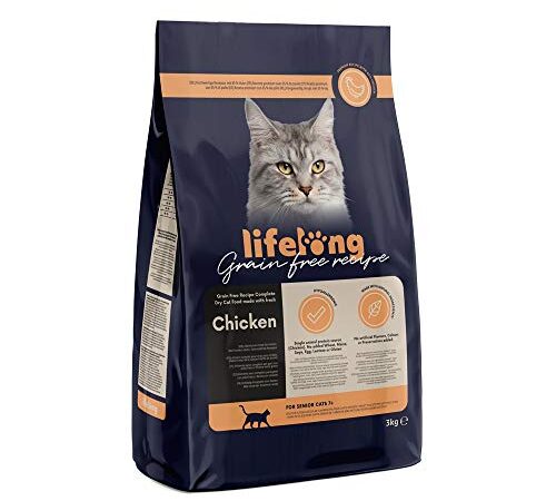 Marque Amazon - Lifelong Aliment Pour Chat Seniors Sans Céréale, élaboré Avec de la viande Fraîche de Poulet, 3kg, lot de 1