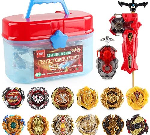 OBEST Toupies Burst avec Lanceur et Mallette de Transport, B-197, B-195, 12 Pièces Métalliques Battle Turbo Gyro Spinners et 2 Lanceurs, Cadeaux Jouets pour Enfants