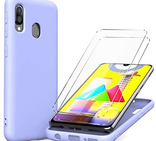 Oududianzi Coque Compatible avec Samsung Galaxy A20e +[2X Verre Trempé] Liquide Silicone Cover Caoutchouc Gel Mince Etui, Anti-Rayures Antichoc Housse- Violet