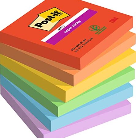 Post-it Super Sticky Notes, Couleurs Soulful, Pack de 6 Blocs, 90 Feuilles par Bloc, 76 mm x 76 mm, Rose, Violet, Vert, Gris, Bleu - Notes Super Adhésives pour Prise de Notes et Listes de Tâches