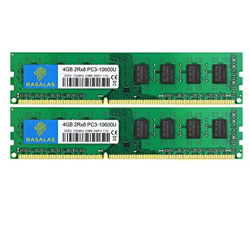 Rasalas 8gb Kit (2x4gb) PC3 - 10600 DDR3 - 1333 PC3 10600u RAM DDR3 2rx8 PC3 - 1333 MHz DDR3 1.5v cl9 240 broches mise à niveau du module de mémoire de bureau