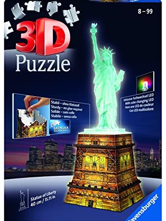 Ravensburger - Puzzle 3D Building - Statue de la Liberté illuminée - A partir de 8 ans - 108 pièces numérotées à assembler sans colle - Accessoires de finition inclus - 12596