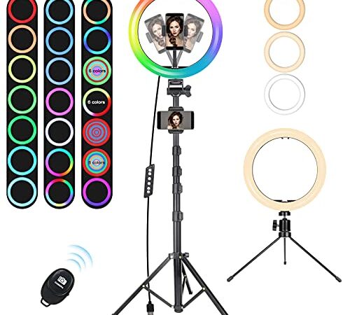 Ring Light avec Trépied, MICCYE 10" Selfie Anneau Lumineux Hauteur Totale 180 cm LED Lumière Anneau avec 3 Modes d'éclairage 21 Couleurs RGB et 9 Niveaux de Luminosité