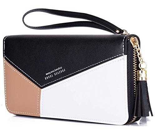 RRANCharltu Portefeuille Femme Grande Capacite Femme Portefeuille PU Cuir Porte-Monnaie Elégant avec 8 Porte-Cartes y Compris 5 Section de Facture et 1 Zippé Porte-Monnaie pour Femme, Noir