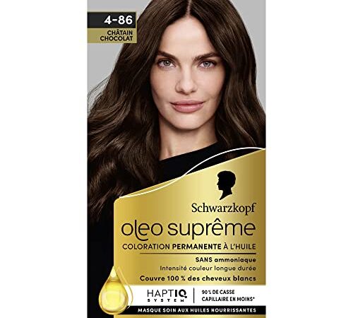 Schwarzkopf – Oleo Suprême – Coloration Permanente à l’Huile – Couleur et Eclat Longue Durée – sans Ammoniaque – Couvre 100% des Cheveux Blancs – HaptIQ Système – Châtain Profond 4-86