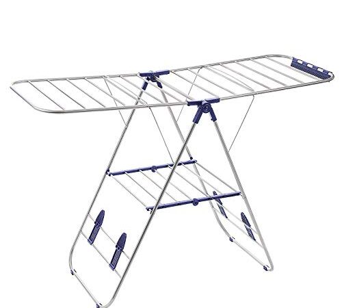 SONGMICS Séchoir à Linge, Étendoir à Bras Wings sur Pieds, Pliable, Réglable, pour Intérieur et Extérieur, Sèche-Linge, Porte-vêtements, Tubes en Acier Inoxydable, Argent LLR502, 147 x 128 x 56 cm