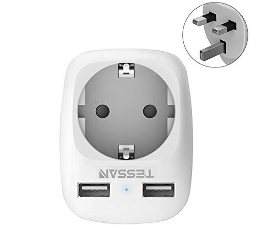 TESSAN Adaptateur Prise Anglaise UK Angleterre France Adaptateur de Voyage avec 2 USB 2.4A, Europe Francaise FR 2 Broches vers GB 3 Broches pour Irlande Royaumeuni Bretagne Écosse, Type G