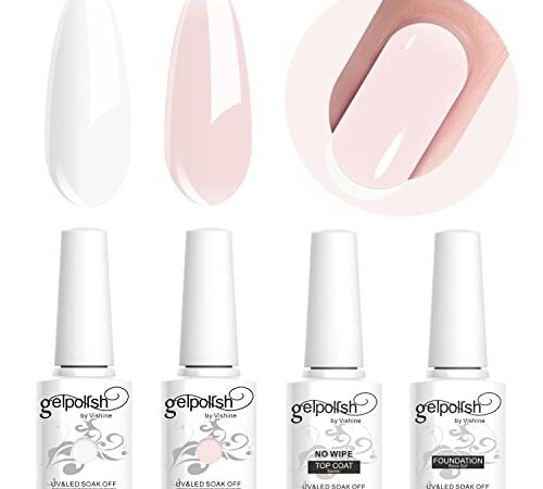 Vishine Lot de Vernis Gel Semi-permanent et Base Top Coat pour French Manucure Gel UV/LED Soak Off Nail Art French Blanc, Rosé 4pcs 8ml Kit