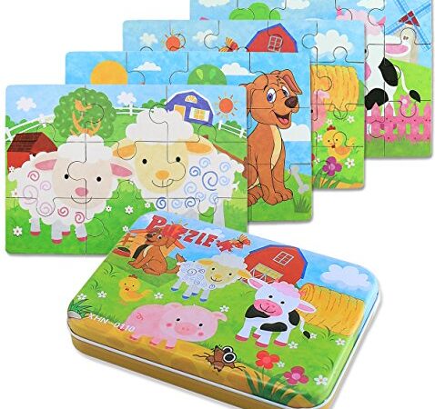 BBLIKE Jouet Puzzle en Bois pour Enfants, 4 Niveaux de Difficulté Différents, 9 Pièces, 12 Pièces, 15 Pièces, 20 Pièces, Jouet Éducatif Parfait pour Garçons Filles de 3 Ans + (Animaux de la Ferme)