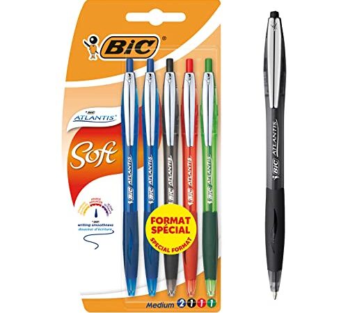 BIC Atlantis Soft Stylos-Bille Rétractables Pointe Moyenne (1,0 mm) - Couleurs Assorties, Blister Format Spécial de 5