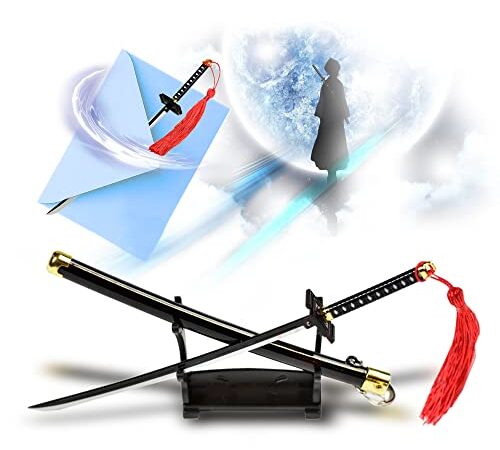 Bleach - Ichigo Tensa Bankai Moon Cutter Ouvre-lettre avec gaine et support Miniature Bleach Katana Acier inoxydable Anime Cadeau pour les fans et les collectionneurs