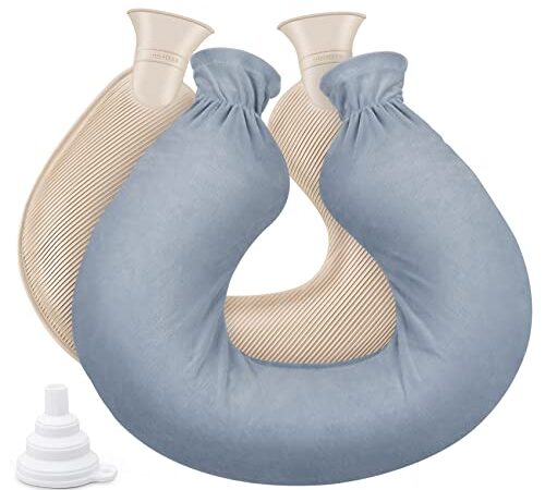 Bouillotte en forme de U, bouillotte de 2 L pour le cou et les épaules, sac à eau chaude en caoutchouc naturel de qualité supérieure avec housse polaire amovible et lavable