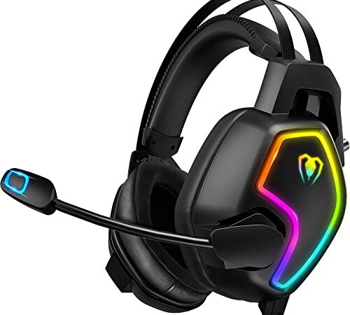 Casque de Jeu pour PS4 PS5 PC Xbox One, Bandeau élastique, Microphone Flexible à 360°, Son Surround 3D, protège-Oreilles en Mousse à mémoire de Forme, lumières RVB