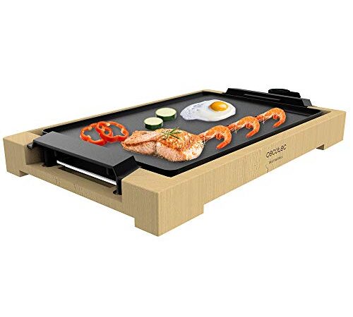 Cecotec Tasty&Grill 2000 Plancha électrique en bambou Puissance 2 000 W, structure en bambou, thermostat réglable, plaque plate, revêtement en fonte d’aluminium, passe au lave-vaisselle