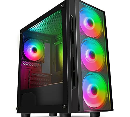 CiT Flash ARGB Boîtier PC Gaming M-ATX, 4 Ventilateurs ARGB Arc-en-Ciel de 120 mm Inclus, Verre trempé, Bouton LED, Support 8 Ventilateurs, Compatible avec Refroidissement à l'eau | Noir