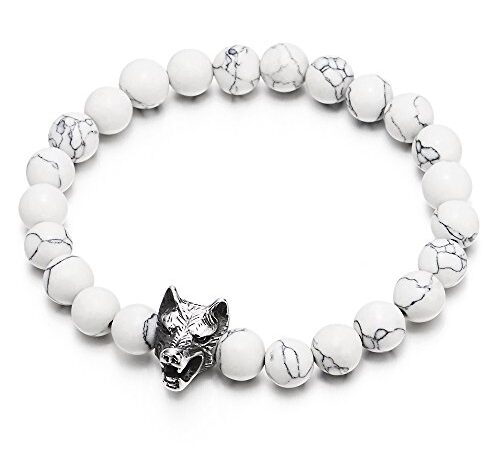 COOLSTEELANDBEYOND 8MM Pierres Blanches Bracelet Homme Garçons - Acier Inoxydable Tête de Loup Charme, Extensible